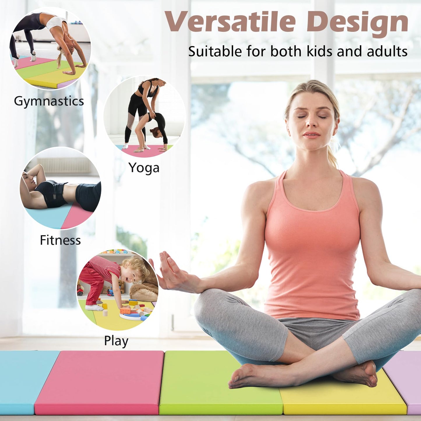 Goplus Gymnastics Mat, 6.6'x2.5' 5-Panel Folding Tumbling Mat w/Carrying Handles, Hook&Loop Fastener, Portable PU Leather Rainbow Exercise Mat for Home Gym Aerobics Yoga