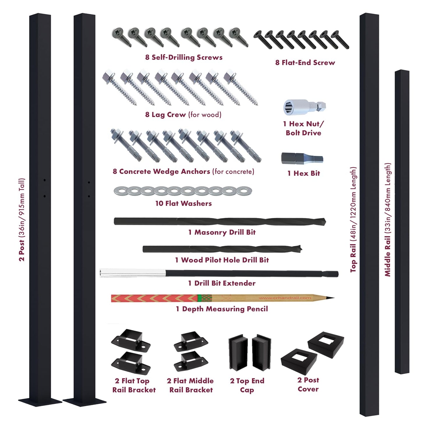 CR Fence & Rail Horizontal Metal Deck Railing, 4ft Wide Residential Handrail for Flat Surfaces, Simple Flat Railing, Black Straight Railing for Decks & Patio Railing, Horizontal Handrail 36inch Tall