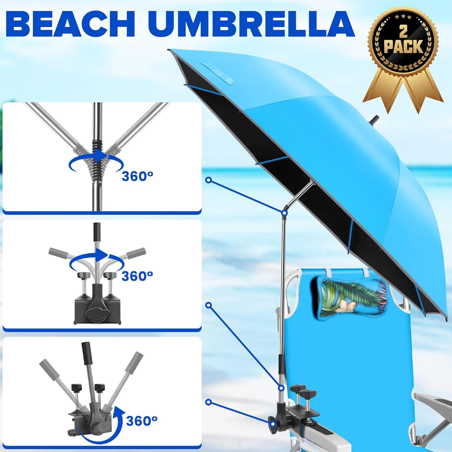 Skiennix Beach Umbrella - 2-Pack 48.7-Inch Adjustable Chair Umbrellas with UV Protection | Ideal for Camping & Golf Carts