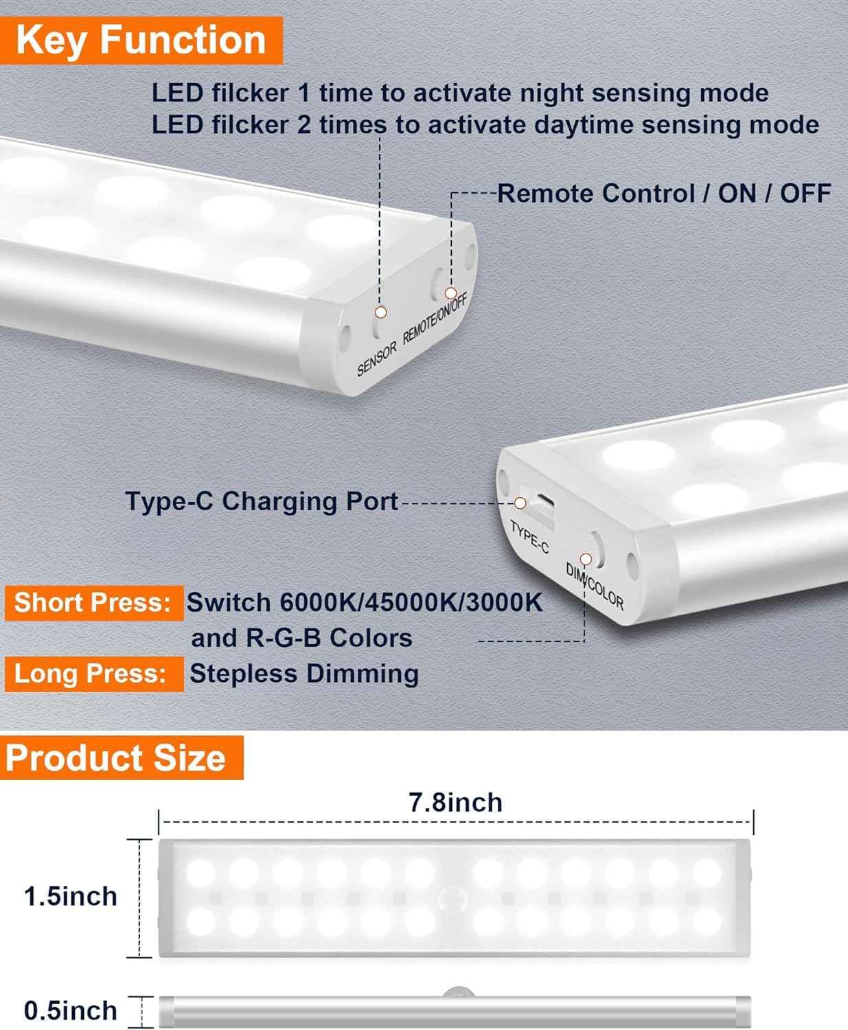 Haigvel Under Cabinet Lights Wireless, 58-LED Rechargeable Motion Sensor Closet Lights with Remote Control, RGB Color Changing Under Counter Lights for Kitchen, Pantry, Bedroom, Stairs, 2 Pack