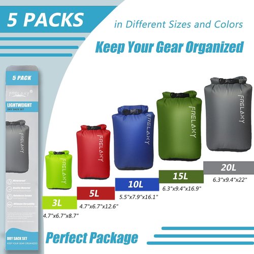 Frelaxy Dry Bags - Ultralight Waterproof Sacks for Hiking, Camping & Kayaking | 3-Pack/5-Pack