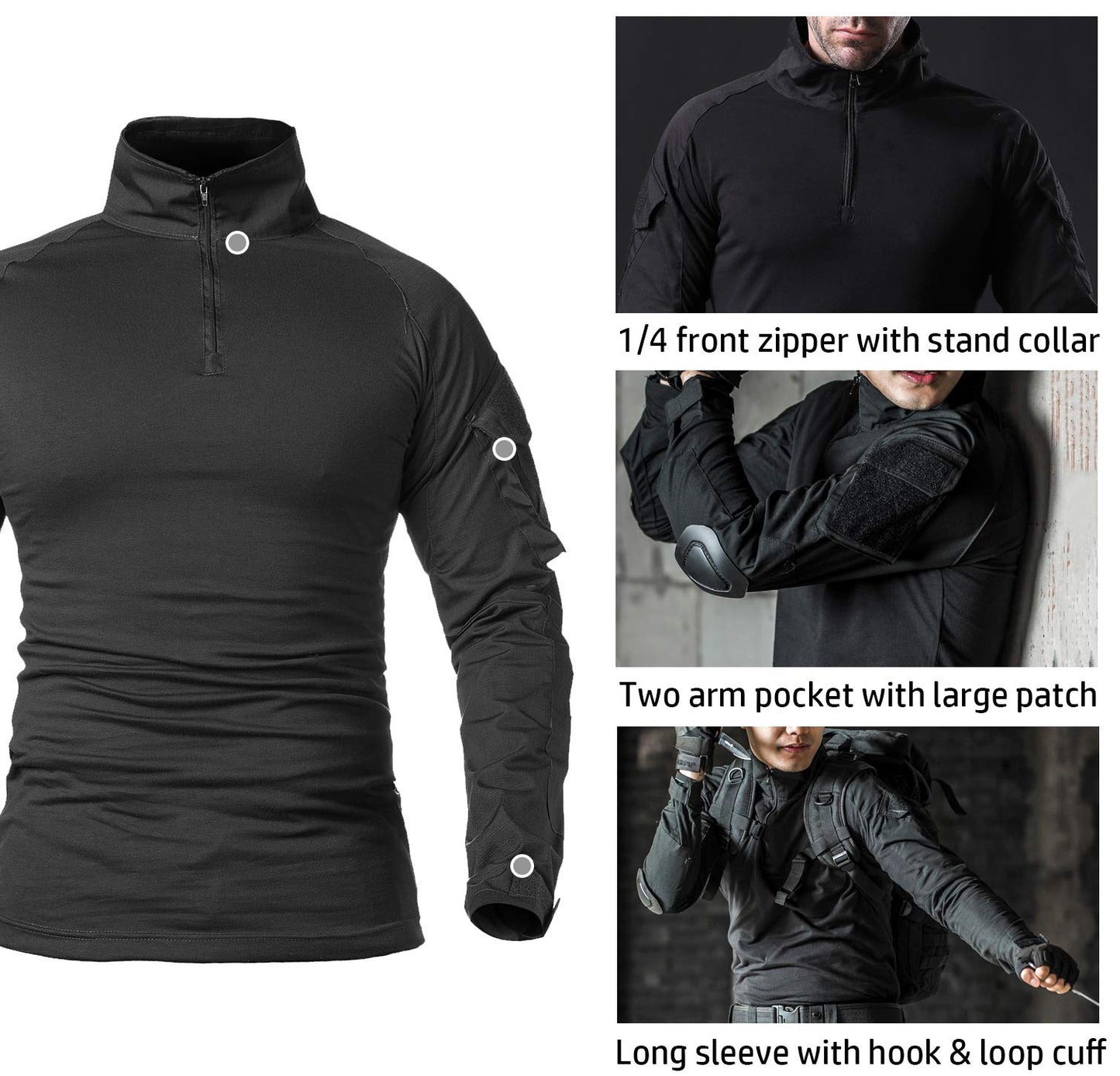 CARWORNIC Men's Tactical Combat Shirt, 1/4 Zipper Long Sleeve Camo Army Military T Shirt
