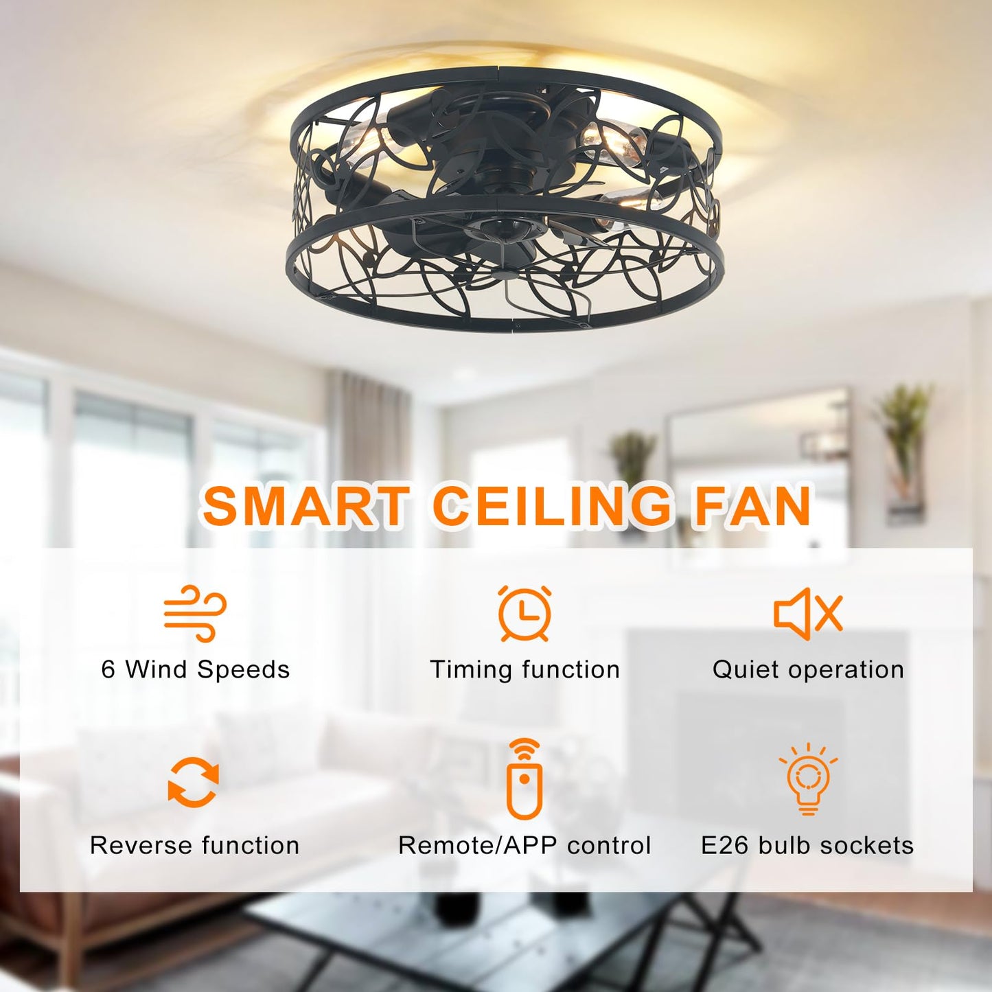 Garwarm 18in Caged Ceiling Fan with Light,Rustic Farmhouse Ceiling Fans with Lights and Remote,Bladeless Black Fandelier Ceiling Fan,Small Flush Mount Ceiling Fan for Kitchen, Bedroom（6 Speed, Timing）