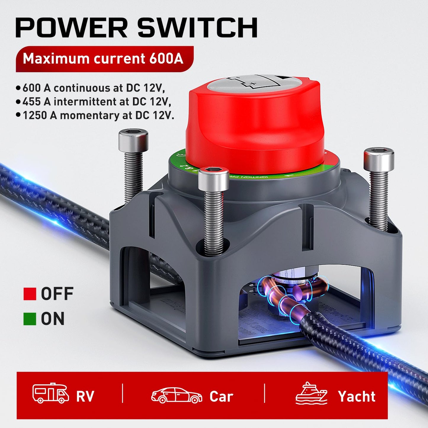 Nilight 600A Battery Switch - Heavy Duty 12V/24V/48V Power Cut Master Disconnect for Truck, RV, Marine, Yacht