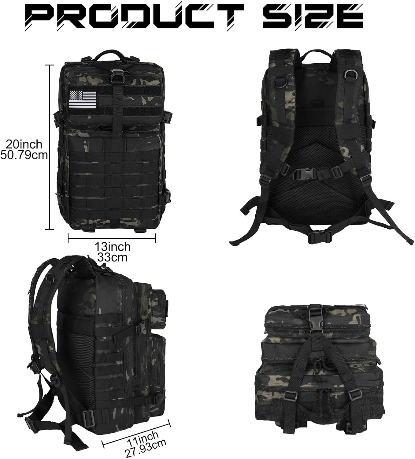 WOLT Military Tactical Backpack - 45L Molle Assault Pack for Men | Heavy-Duty Rucksack in Camouflage Black