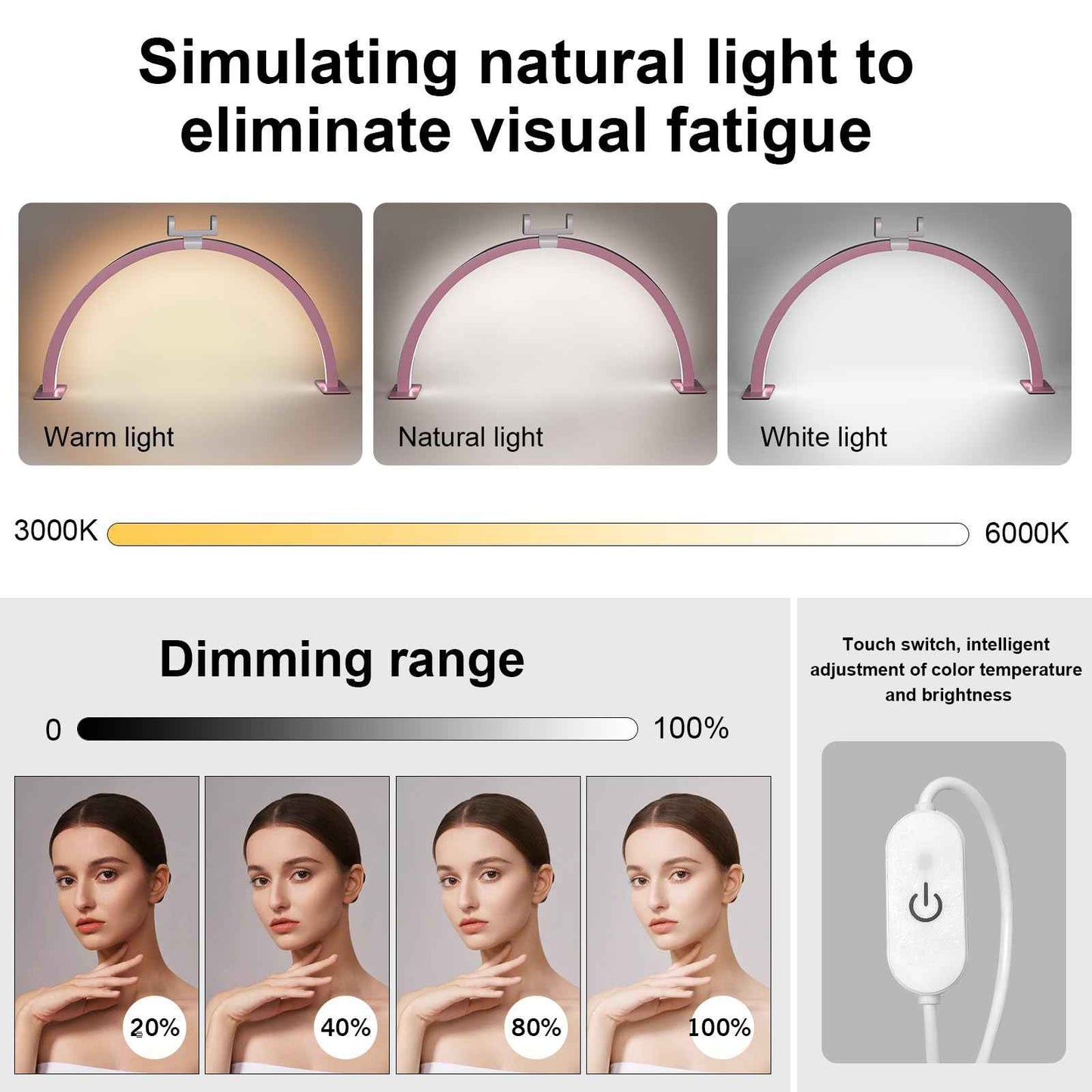 FFKJDM Large 29-inch Half Moon Light for Nail Desk,48W LED Light with Hand Pillow and Phone Holder, Nail Desk lamp for lash Eyelash Extension,Makeup Desk lamp,Color Temperature 3000K-6000K (Pink)