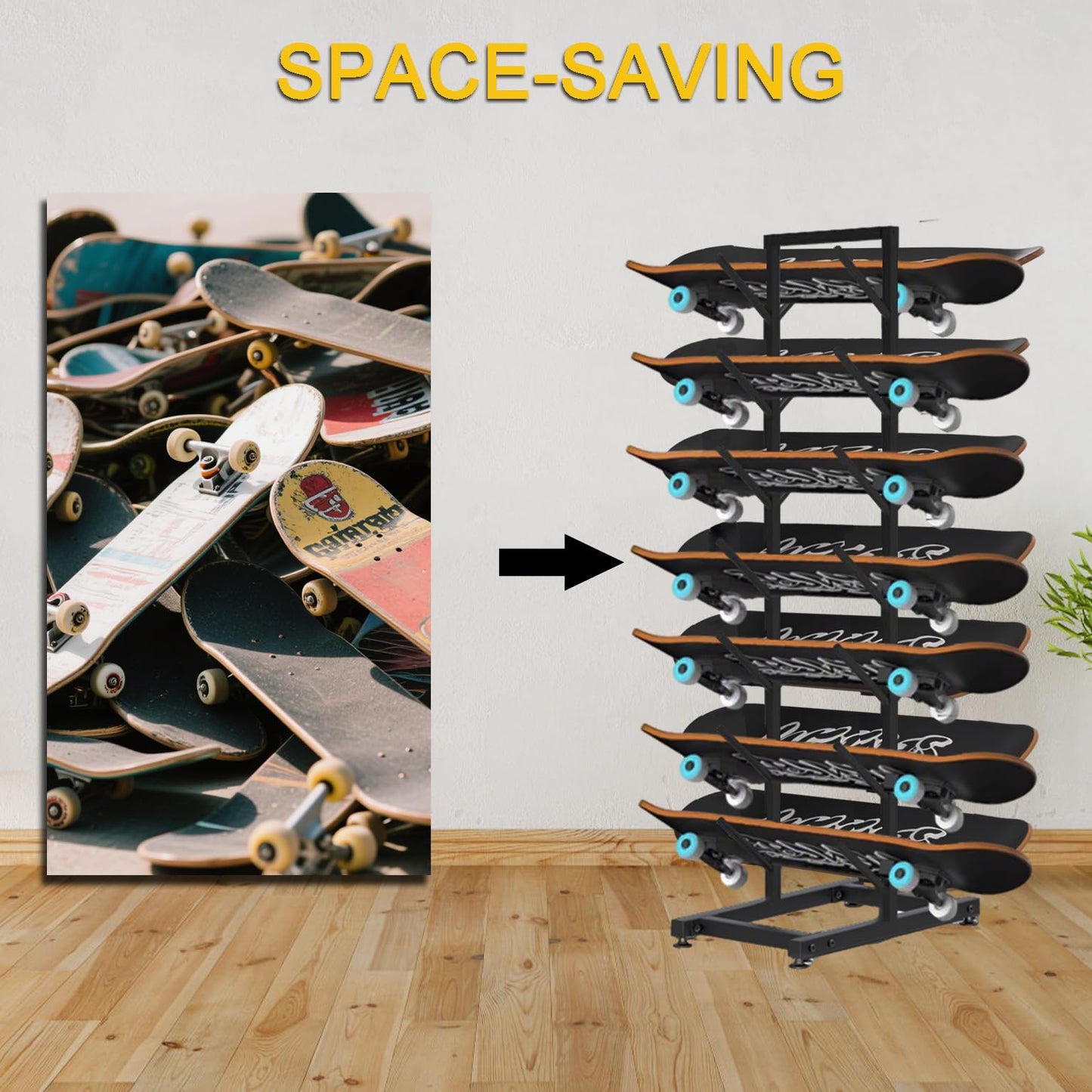 SHZYJBRY 7-Tiers Skateboard Racks, Free Standing Metal Snowboard Ski Storage Racks, Home Gym Organize Holder for Deck Longboard, Space Saving(Black, 7-Tier)