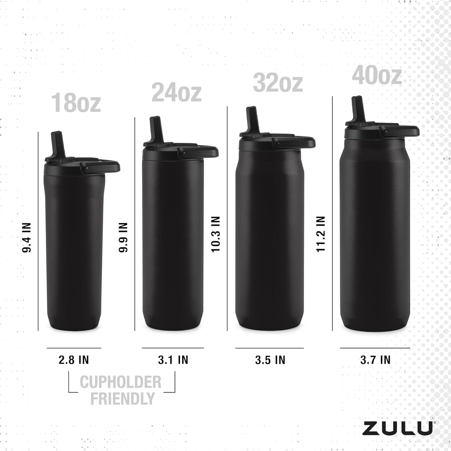 ZULU 32oz Stainless Steel Water Bottle - Double Walled, Vacuum Insulated | 3 Lids Included, Black