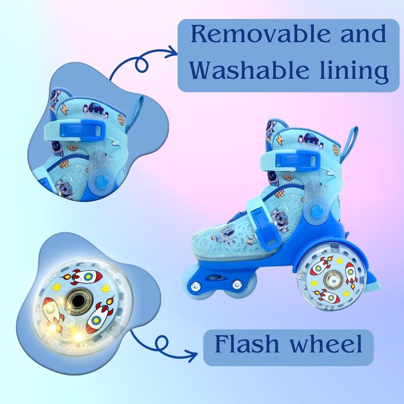 Adjustable Roller Skates for Girls Boys Kids, Fun Illuminating Light up Flash Wheels, 3-Point Type Balance with Wheel Locker Design for Beginner Age 5-8 (Blue, S)