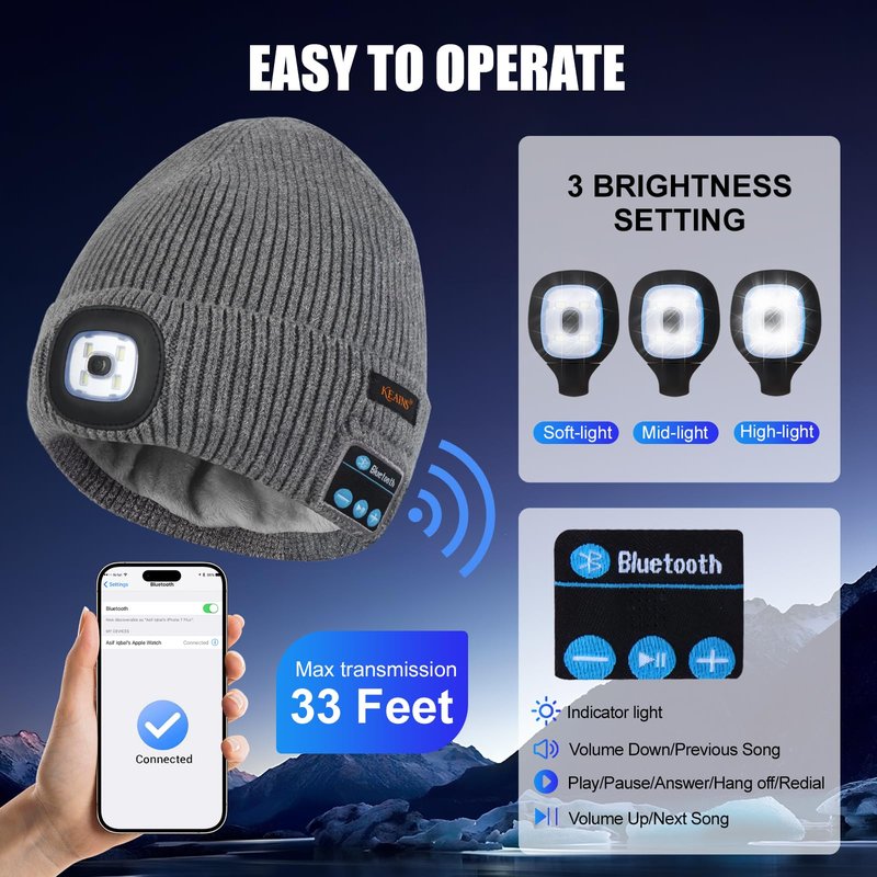 Bluetooth Beanie Hat with Led Light,Fleece Lined Winter Warm Hat with Wireless Music Headphones and Built-in Speaker Mic,Gifts for Men Women Black