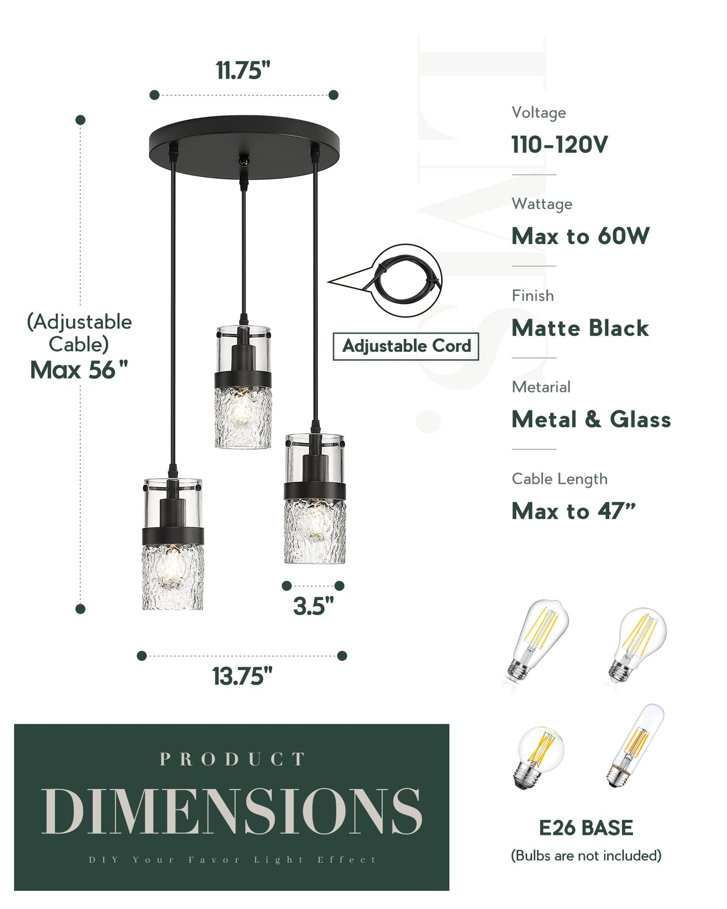 LMS Black 3-Light Pendant Fixtures, Adjustable Kitchen Hanging Light Fixture, Cluster Pendant Lights, LMS-188