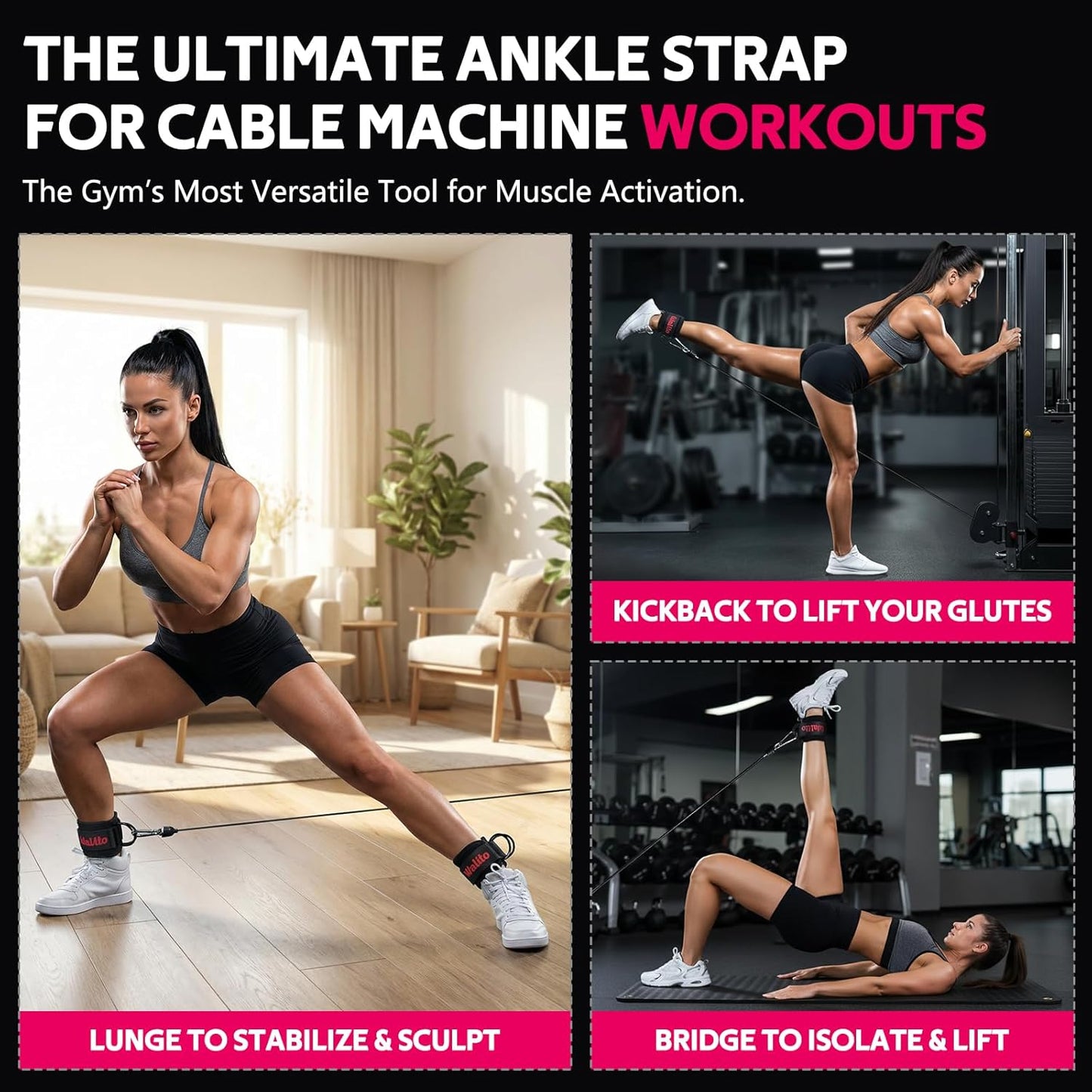 WALITO Gym Ankle Straps - Adjustable Cable Machine Accessories for Glute Kickbacks & Leg Workouts