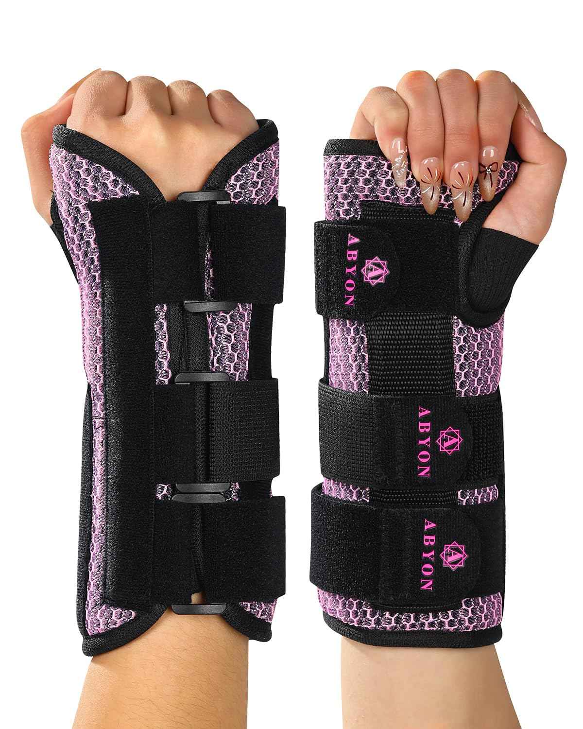 ABYON Carpal Tunnel Wrist Brace Night Support – Wrist Splint for Pain Relief, Tendonitis, Arthritis, Sprains – Lightweight, Breathable Padded Hand Brace for Men & Women,Right Hand (Large, Black/Pink)