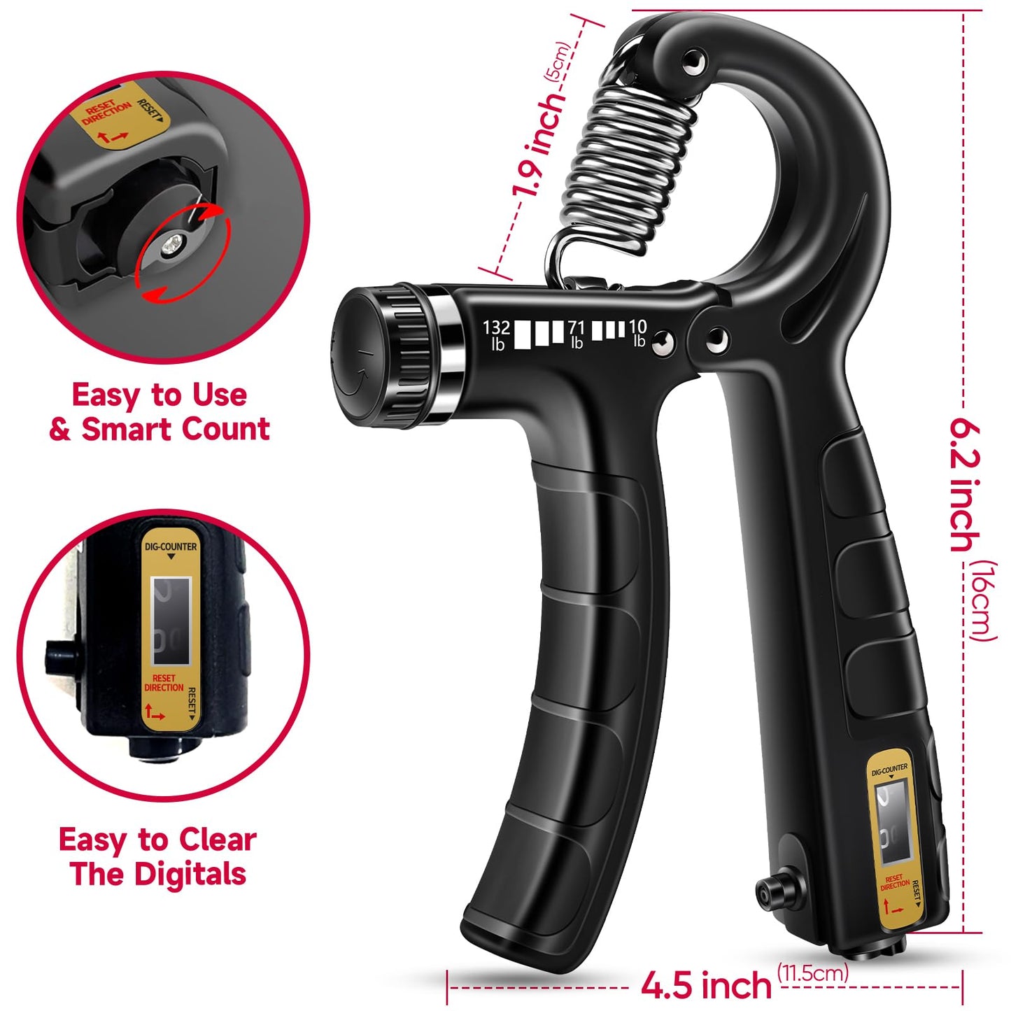 FitBeast Hand Grip Strengthener Workout Kit (5 Pack), 2 Forearm Grip Adjustable Resistance Hand Gripper, Finger Stretcher, Grip Ring & Stress Relief Grip Ball for Athletes, Black