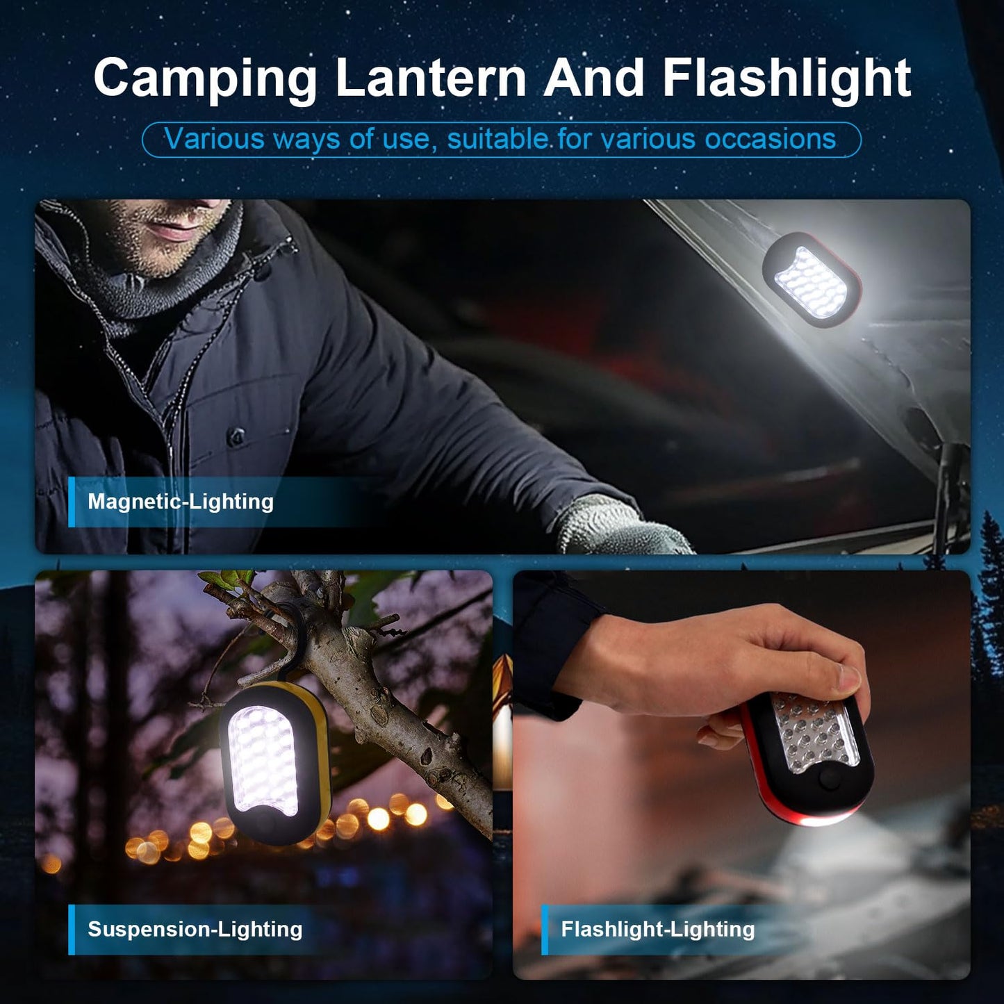 EXTRASTAR 3-in-1 LED Camping Light, Magnetic Work Light, Flashlight with Hook,120 Lumen. 2 Light Modes, Water Resistant, Battery Powered Light for Outdoor, Emergency, Garage, 2PCS