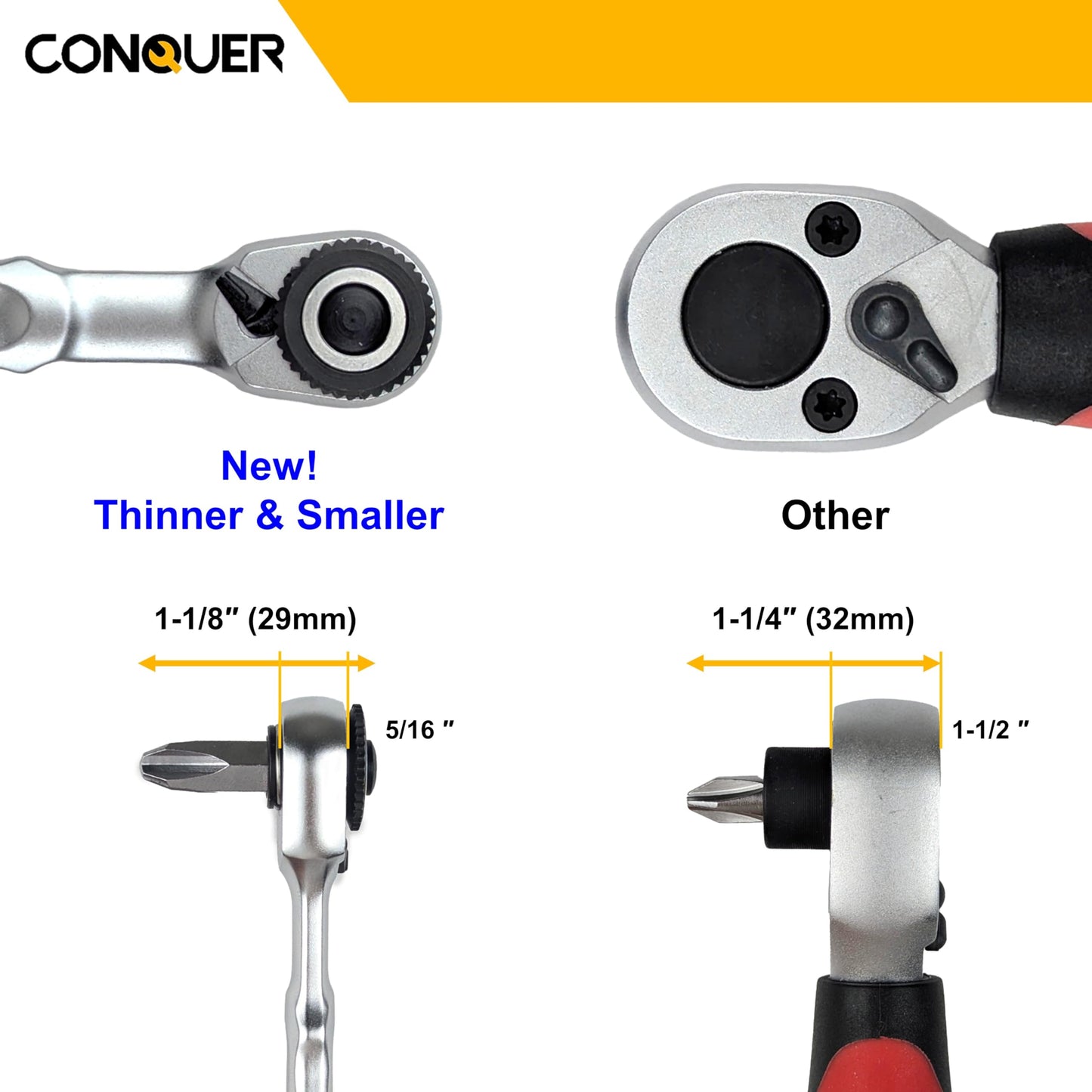 CONQUER Mini Combo Dual Ratchet Wrench with 1/4" Square Drive and Bit Drive High Torque 72-Tooth Gear Head and Spin Disk