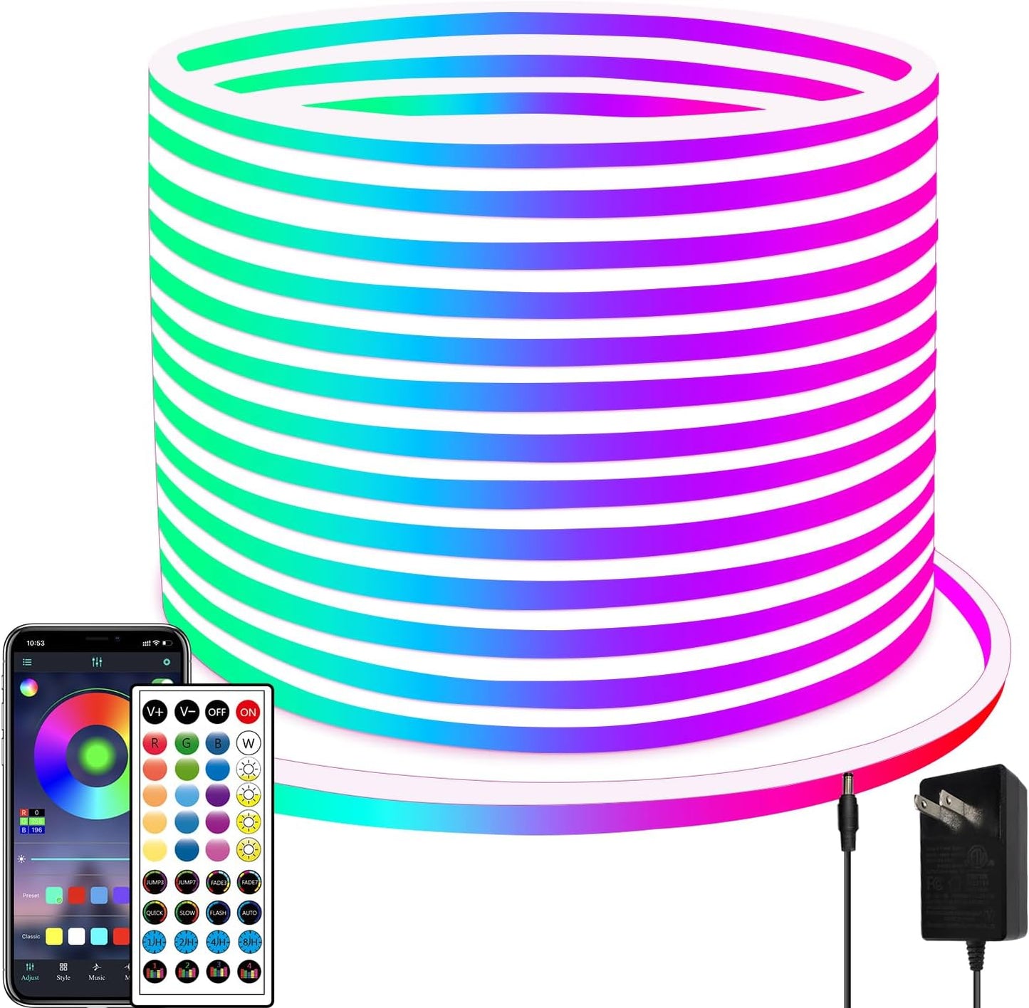 50ft RGB LED Neon Rope Lights with Remote & APP Control - Waterproof Flexible Strip for Bedroom & Outdoor Décor