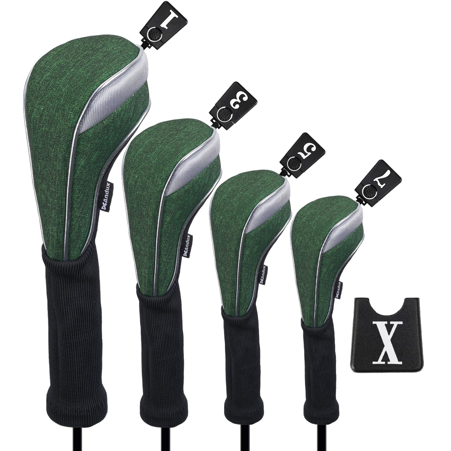 Andux 4pcs/Set Nylon Golf Wood Club Head Covers 460cc Driver Covers with Long Neck Green