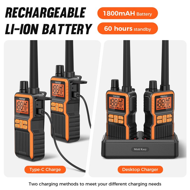 Midd Kacy Walkie Talkies Long Range, 60 Channel GMRS Portable Hunting Waterproof 2 Way Radio with 121 Privacy Codes, SOS, NOAA Weather Alerts, VOXChannel Scanning, 2 Pack (Black/Orange)
