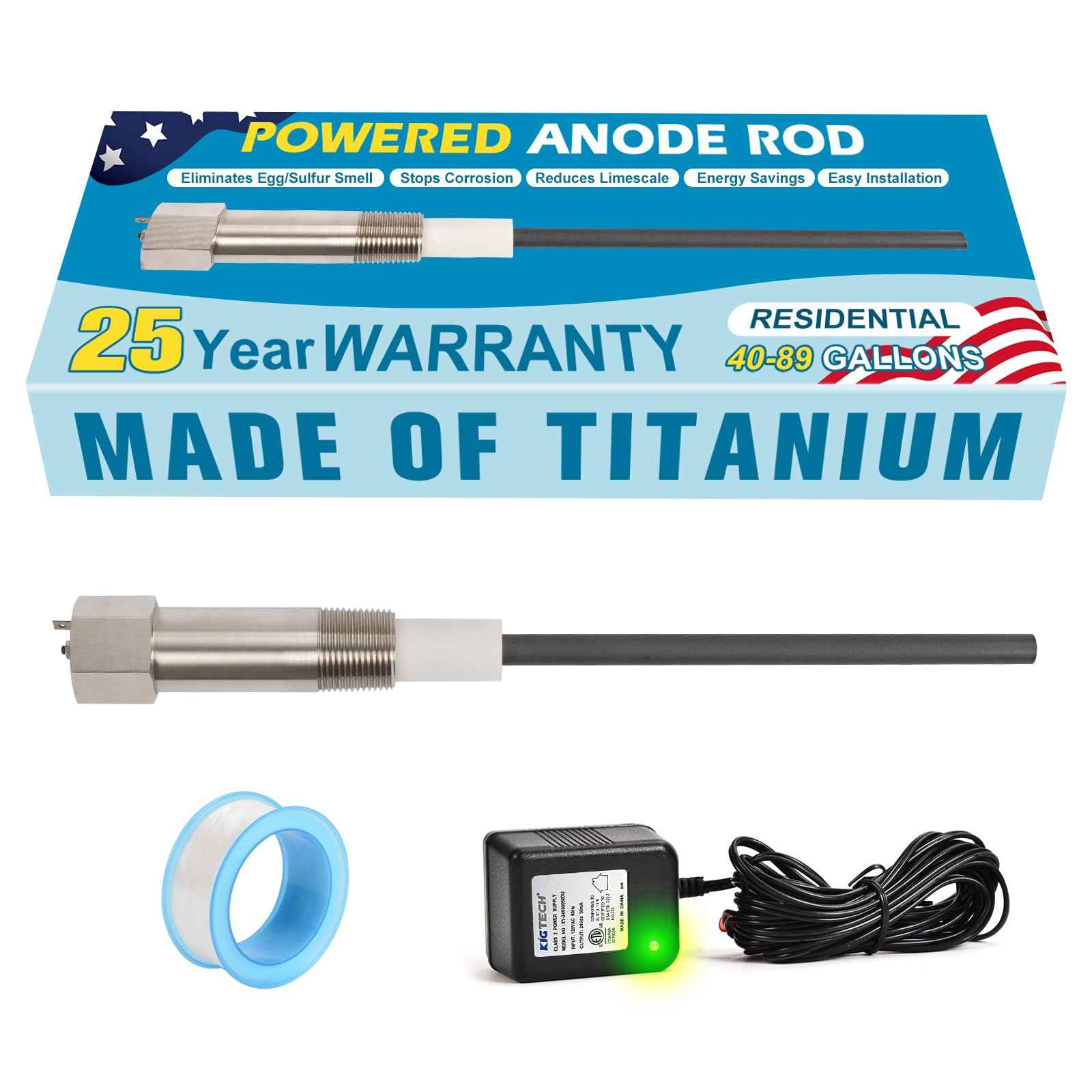 Powered Anode Rod (With Green Light) for Water Heater, 24-Hour Egg/Sulfur Smell Elimination, Stops Corrosion and Reduces Limescale, Titanium Electric Anode Rod for 40-89 Gallon Tanks, 25-Year Warranty