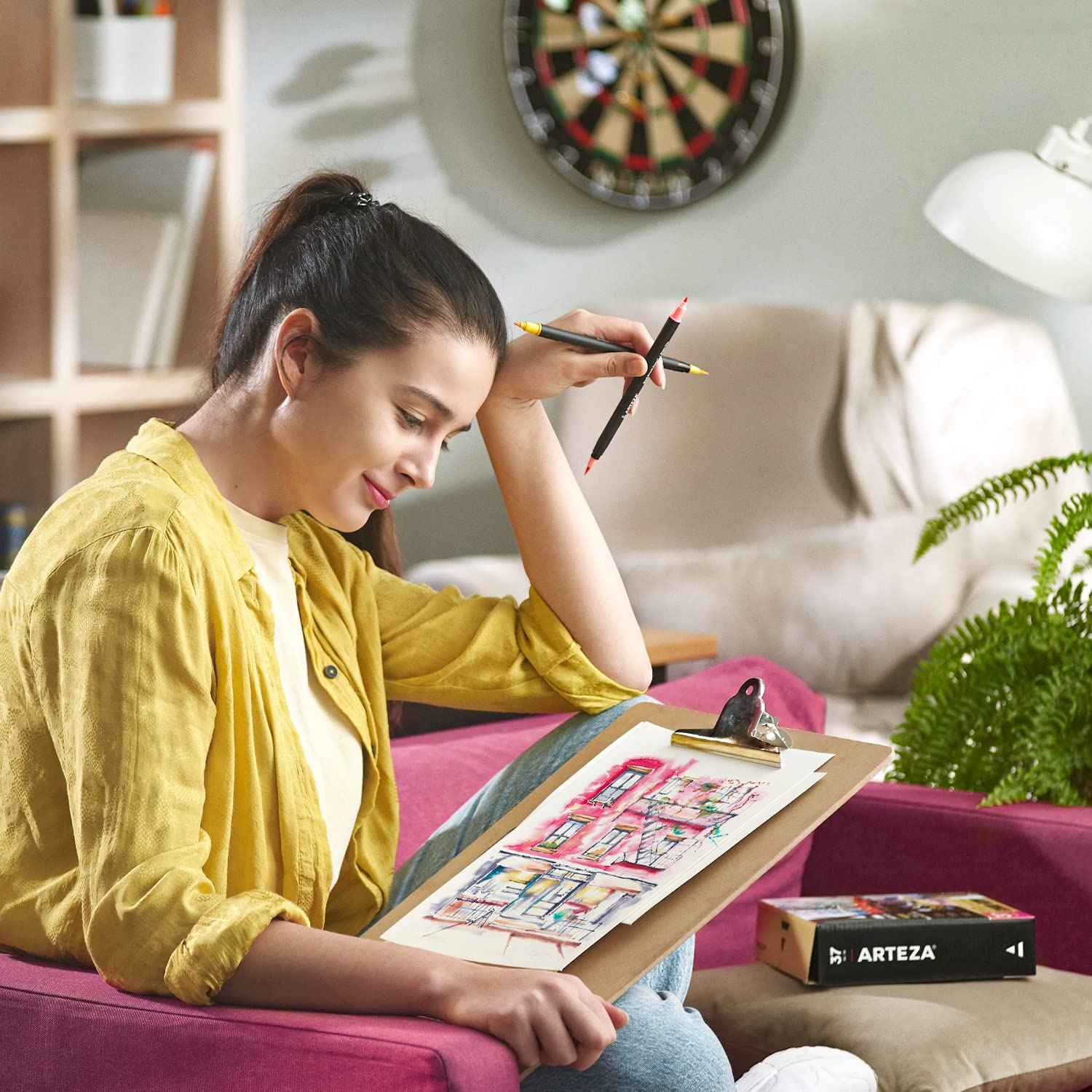 ARTEZA Watercolor Pens, 36 Dual-Tip Markers with Flexible Nylon Brush Tips, Classic Tones, Double Sided Markers with Water Brush