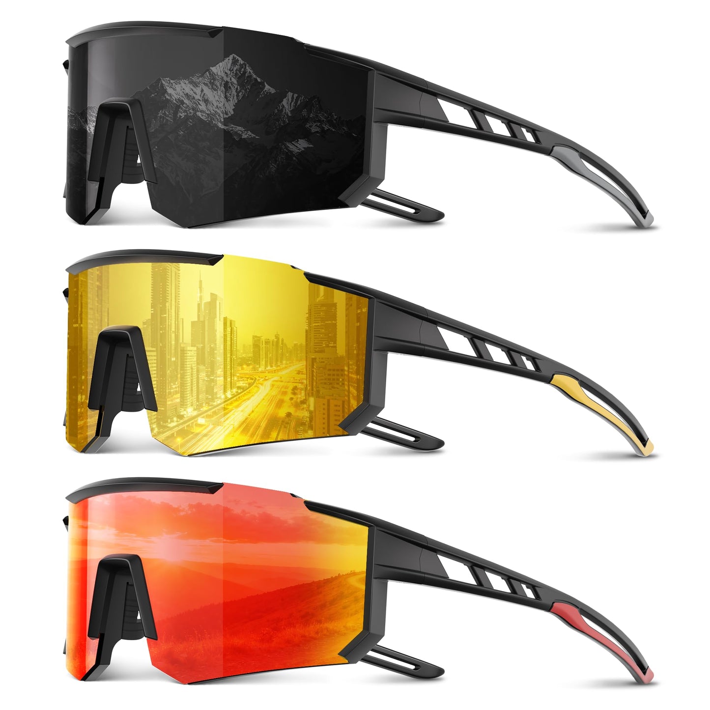 Foliful 3 Pack Polarized Sports Sunglasses Men Women, Running Mens Sunglasses UV Protection for Baseball Cycling Fishing, Red/Grey/Yellow