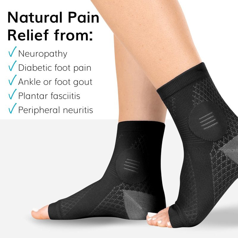 BraceAbility Neuropathy Socks (3 Pairs) - Multipack Peripheral Compression Diabetic Toeless Foot Sleeves for Nerve Damage in Feet, Ankle Gout, Plantar Fasciitis Relief for Men and Women (L - Black)