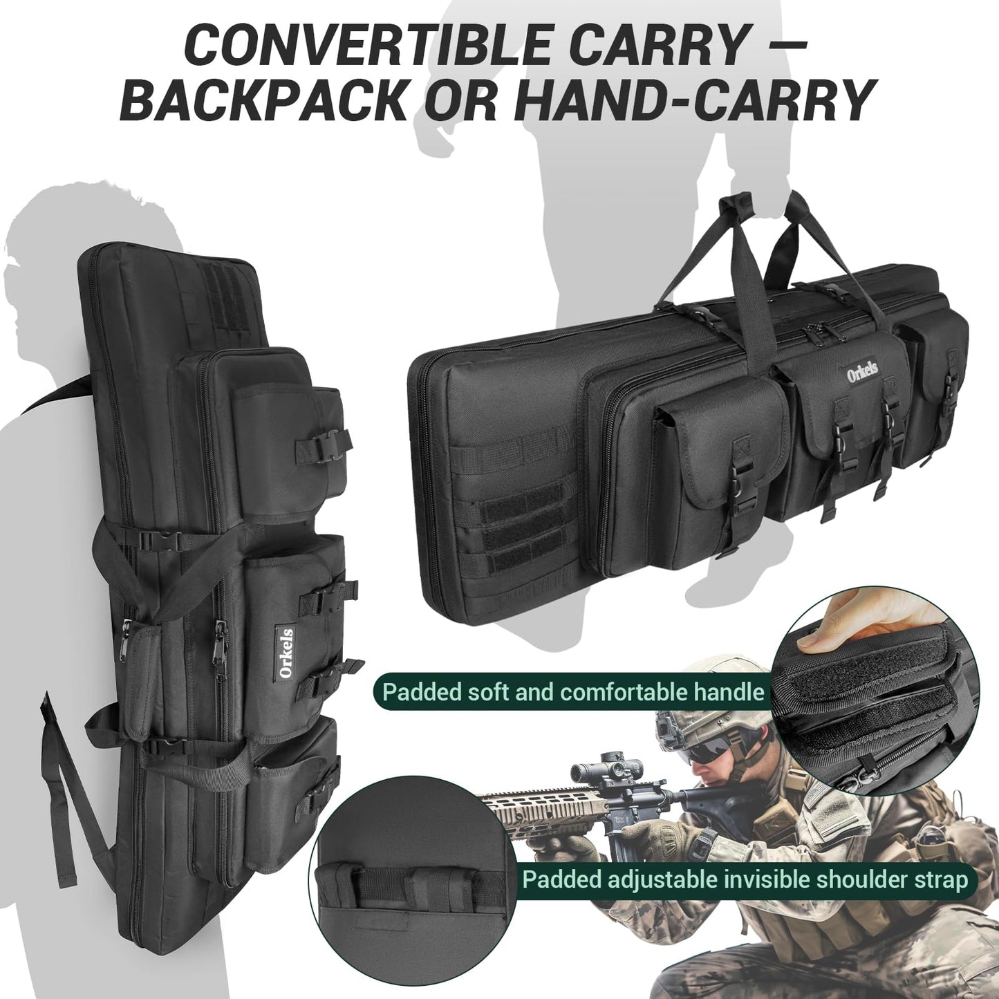 ORKELS 36-Inch Double Rifle Case, Padded Soft Gun Bag with MOLLE System, Lockable Storage Case for Rifles and Pistols, Backpack Carry Design