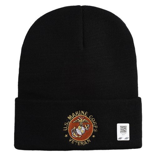 US Marines Corps Veteran Emblem Logo Embroidered 12 Inch Solid Knit Cuff Long Beanie Made in USA - Black OSFM