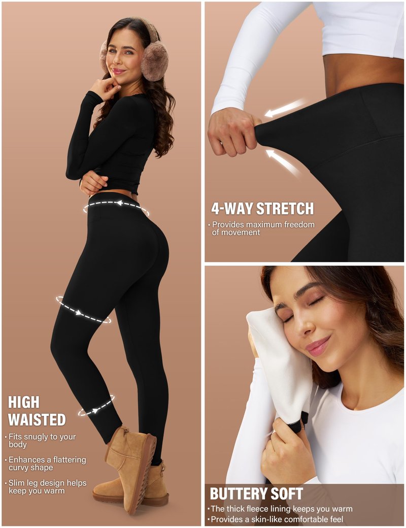 Uowou Women's Thick Fleece Lined Leggings High Waisted Tummy Control Thermal Warm Soft Yoga Pants for Cold Winter Black