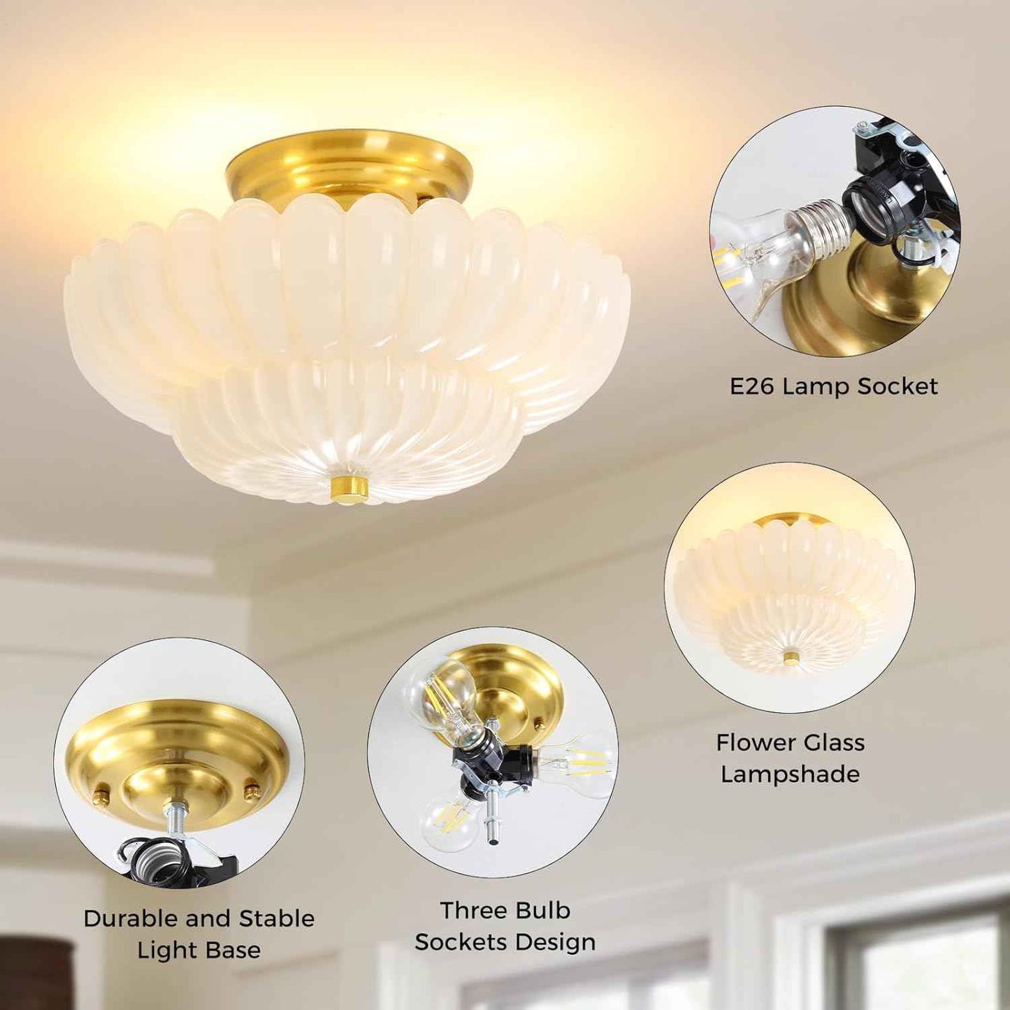 Modern Semi Flush Mount Ceiling Light Fixture with Brown Glass & Black Base - Ideal for Living Room, Kitchen, Bedroom, Hallway (Bulb Not Included)