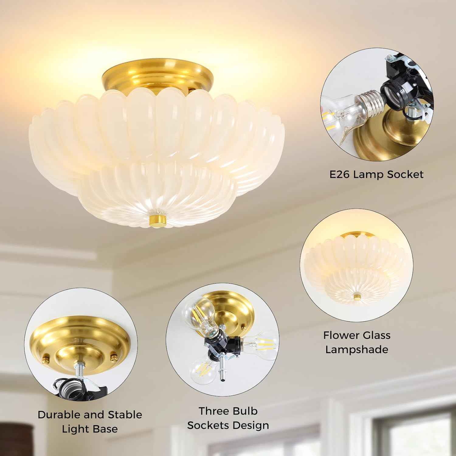 Modern Semi Flush Mount Ceiling Light Fixture with Brown Glass & Black Base - Ideal for Living Room, Kitchen, Bedroom, Hallway (Bulb Not Included)