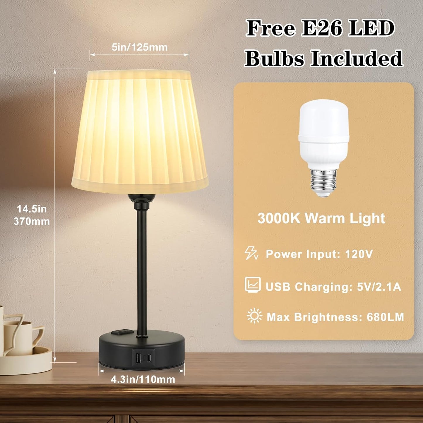 Set of 2 Mini Bedside Lamps with USB-C & AC Outlet - Dimmable Touch Nightstand Lights for Bedrooms