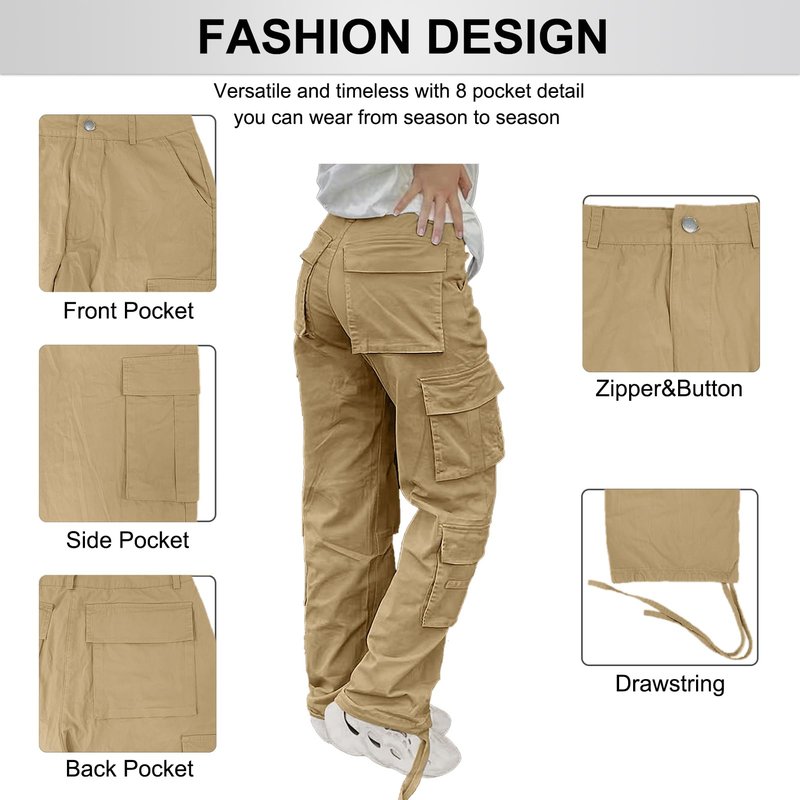 SDNGED Women's High Waisted Cargo Pants Travel Y2K Streetwear Baggy Stretchy Pants with Pockets Drawstring Ankle Cuffs Khaki