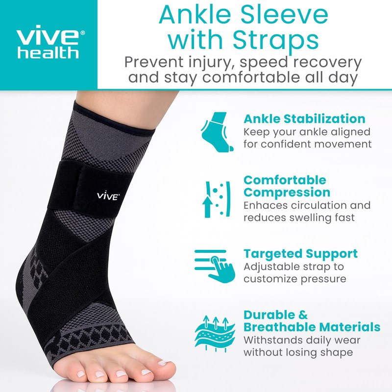 Vive Ankle Compression Sleeves with Straps - Brace for Women and Men - Support Wrap for Achilles Tendonitis, Sprains, Plantar Fasciitis, Pain Relief - 2 Pack (Large)