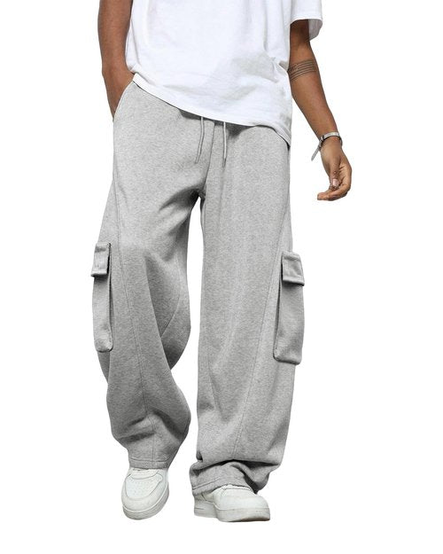 BUXKR Men's Baggy Sweatpants Wide Leg Fleece Casual Joggers Cotton Loose Drawstring Elastic Waist Pants with Pockets Light Grey