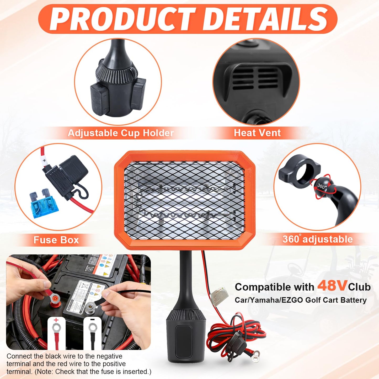 48V Golf Cart Heater Golf Cart Accessories, 400W Safe & Fast Heating Electric Heaters for Golf Cart, Battery Operated Heater with 360° Adjustable Angle Carbon Fiber Heating for Club Car/Yamaha/EZGO