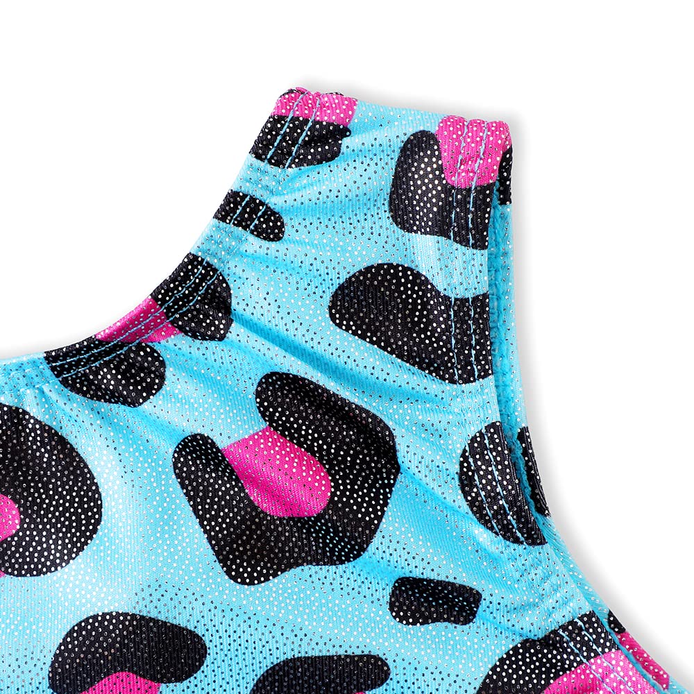 HOZIY Tumbling Outfits for Girls Ropa De Gimnasia Nina Size 7-8 Year Old Leotard with Shorts Biketard Light Blue Sky Aqua Pink Leopard Bike Gymnastics Clothing Attire Sparkle
