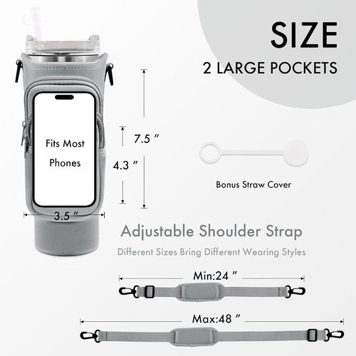JEBEALUO Water Bottle Carrier Bag with Phone Pocket for Stanley Cup 40/30 oz, Water Bottle Holder with Adjustable Strap& Straw Cover, Stanley Cup Accessories
