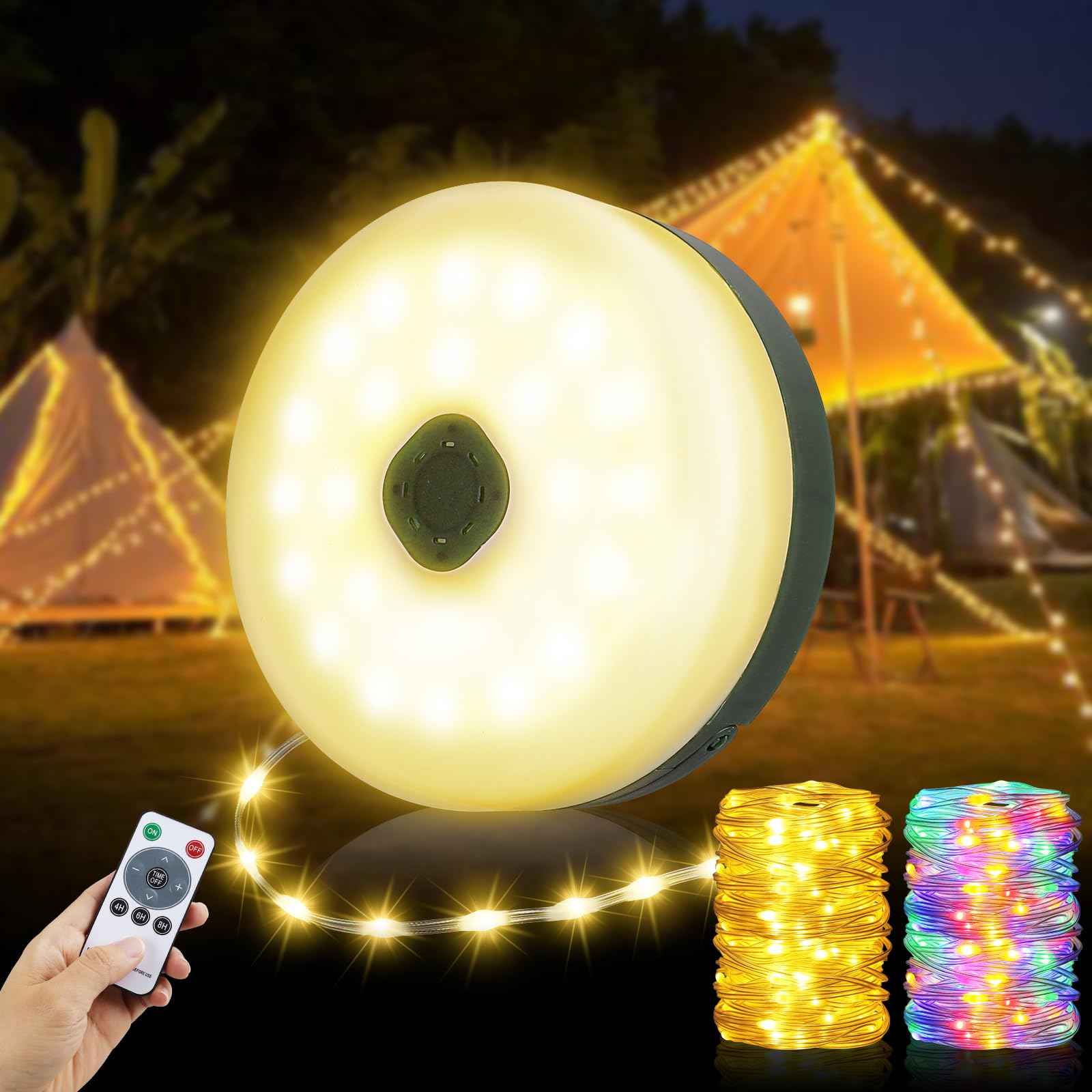 Camping String Lights 33ft, 4 in 1 Rechargeable 100 LED Outdoor Tent String Lights with 14 Lighting Modes Remote Control Waterproof with Timer Function for Camping Gear Essentials Hiking Yard Garden