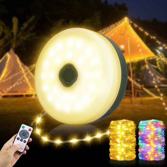 Camping String Lights 33ft, 4 in 1 Rechargeable 100 LED Outdoor Tent String Lights with 14 Lighting Modes Remote Control Waterproof with Timer Function for Camping Gear Essentials Hiking Yard Garden
