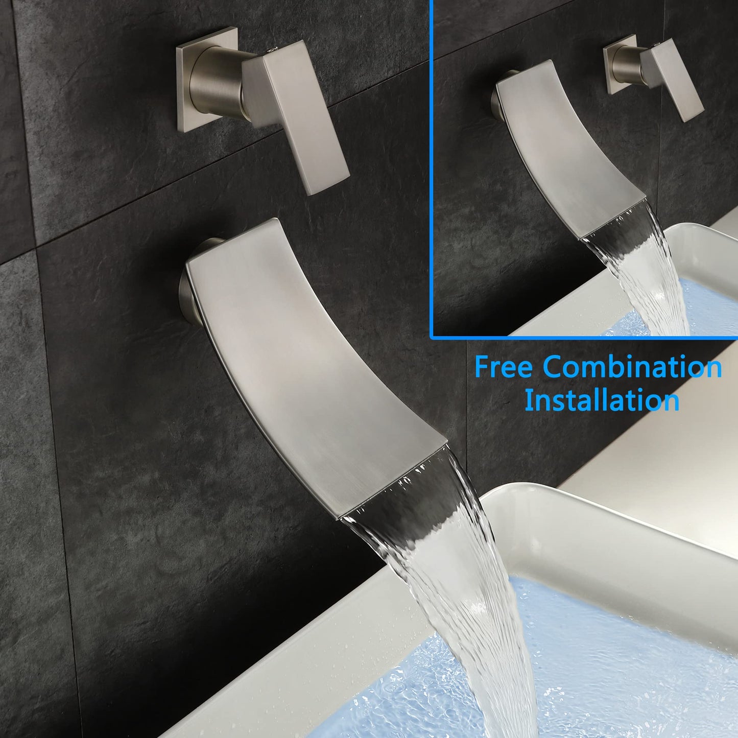 SKOWLL Wall Mount Bathroom Faucet, Brushed Nickel Bathtub Waterfall Sink Faucets, Single Handle Bathroom Lavatory Faucet