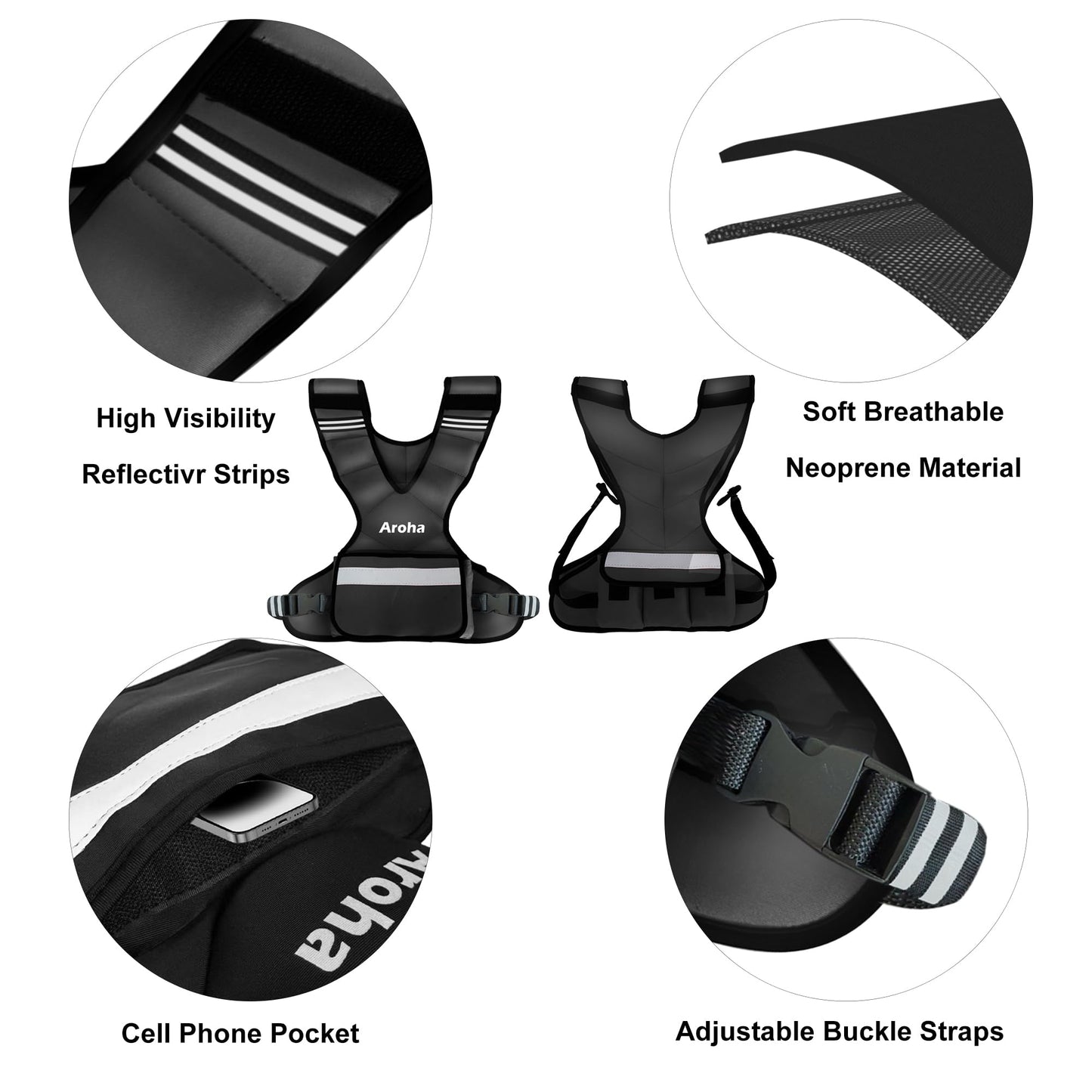 Aroha Adjustable Weighted Vest for Women & Men, 4-10lb/11-20lb/20-32lb Vest with 6 Ironsand Weights for Strength Training and Home Workout, Weight Vest with Reflective Strip for Running, Walking