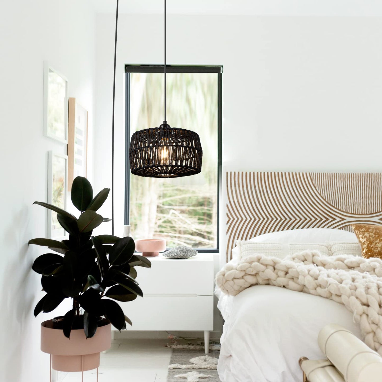 YongMing CL 11.42’’ Black Woven Plug in Pendant Light Fixture, Rustic Round Ceiling Hanging Light with Plug in Cord & On/Off Switch for Entry Bedroom Kitchen Island Living Dining Room Foyer