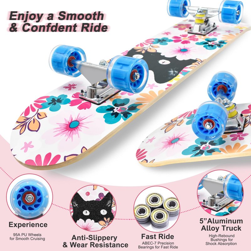 Kqpoinw Standard Skateboards with Colorful Flashing Wheels for Beginners, Kids,Teens, 7 Layer Maple Complete Skateboard for Girls Boys, 31" x 7.8" Double Kick Concave Kids skateboard with Skate T-Tool