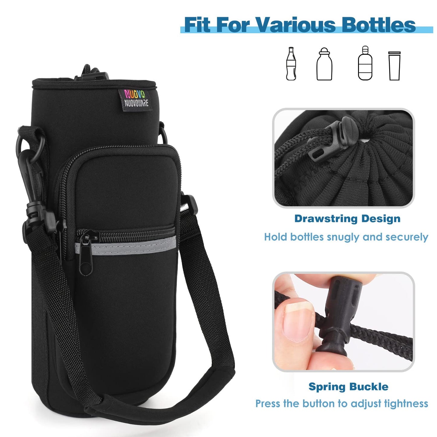 Nuovoware Water Bottle Carrier Bag, 64oz Bottle Pouch Holder, Adjustable Shoulder Hand Strap 2 Pocket Sling Neoprene Sleeve Sports Water Bottle Accessories for Gym Hiking Travel, White Hibiscus