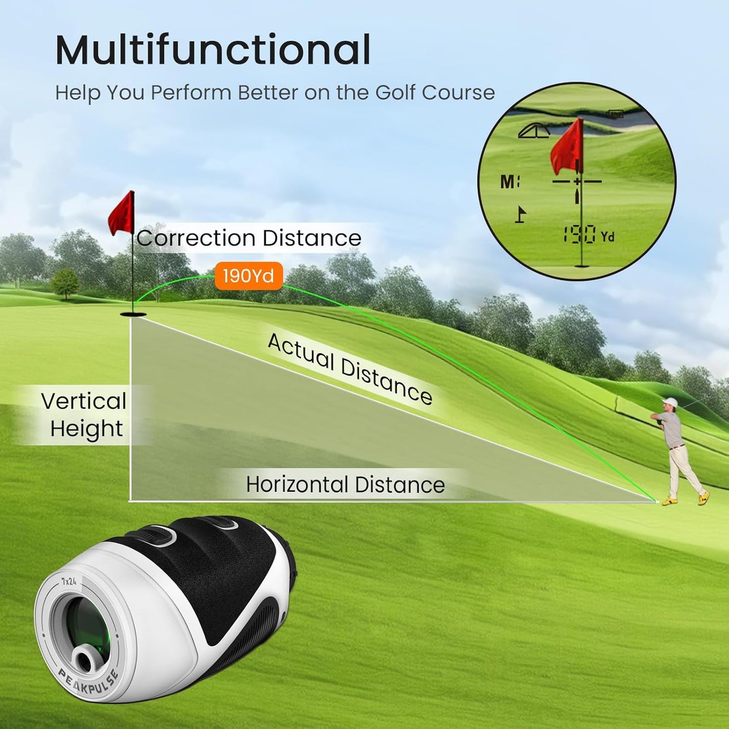 PEAKPULSE Golf Range Finder - 1200 Yards Mini Lightweight with 7X Magnification | Rechargeable for Men & Women