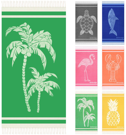Genovega Oversized Cotton Turkish Beach Towels 72"x36" Lightweight Quick Dry Sandless Pool Swim Towel Large No Sand Compact Blanket Adult Travel Essentials Cruise Accessories Must Haves Coconut Tree