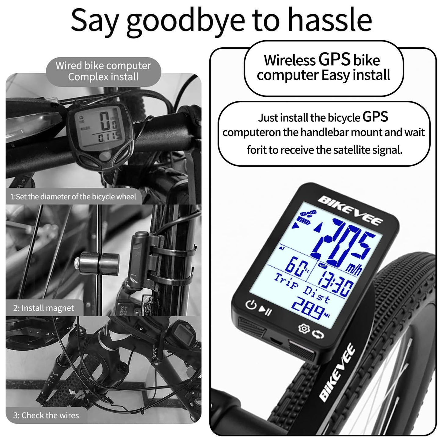 Bikevee GPS Speedometer & Odometer - Wireless Bike Computer, Auto Start/Stop, Auto Backlight, IPX7 Waterproof, 2.4" LCD, Cycling Tracker in MPH & KM/H - Black