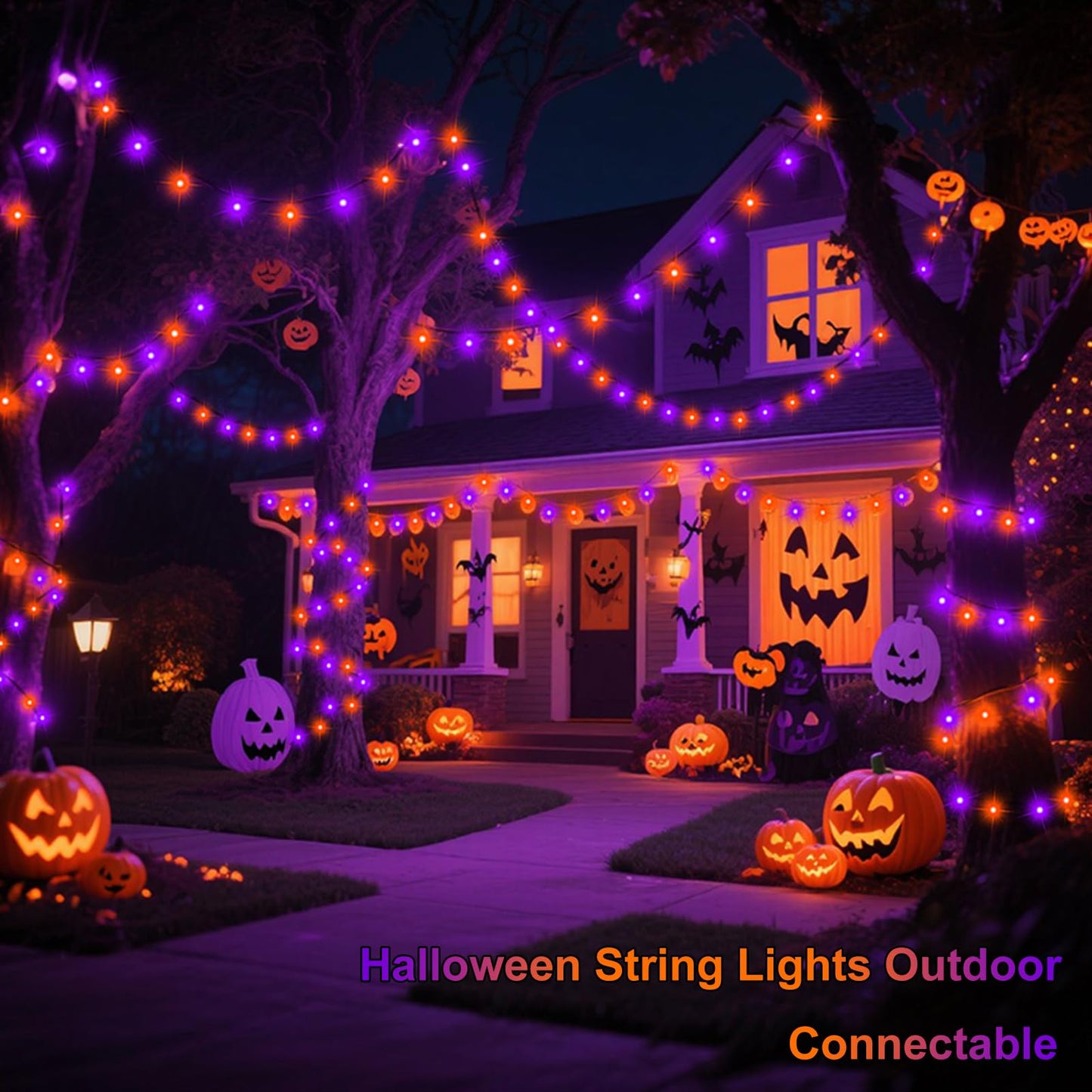Connectable 400 LED Halloween String Lights, Motion Sensor Scary Sound 66Ft Orange and Purple Halloween Lights Outdoor Waterproof 4 Sound Effects for Yard Party Tree Decor